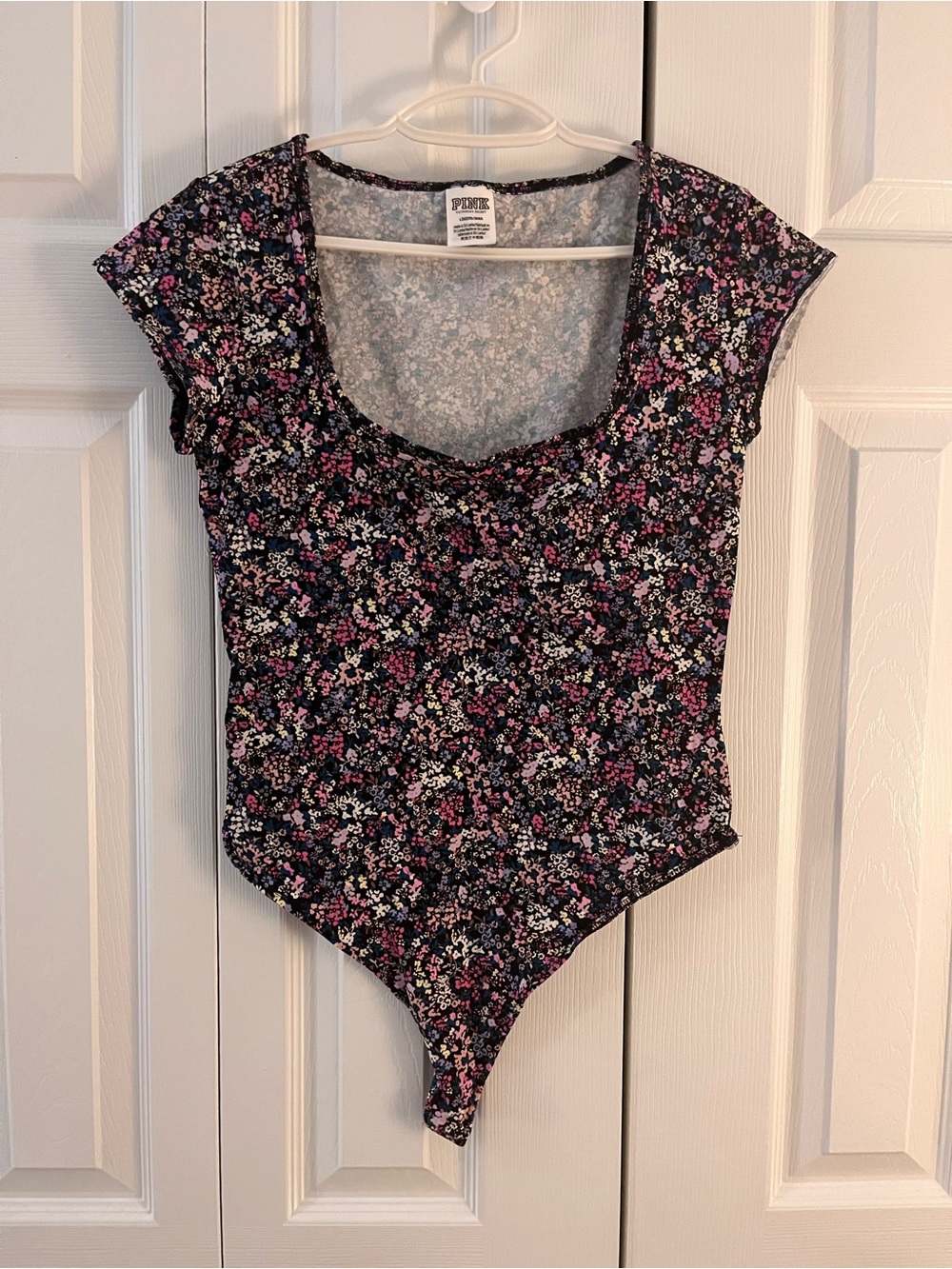 PINK Victoria's Secret Black Floral Scoop Neck Bodysuit with Pink Accents